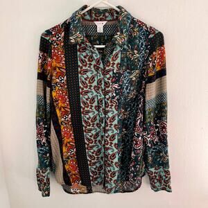 Intro Boho Petite Patchwork Shirt Womens Size Medium Paisley Floral Button-Down